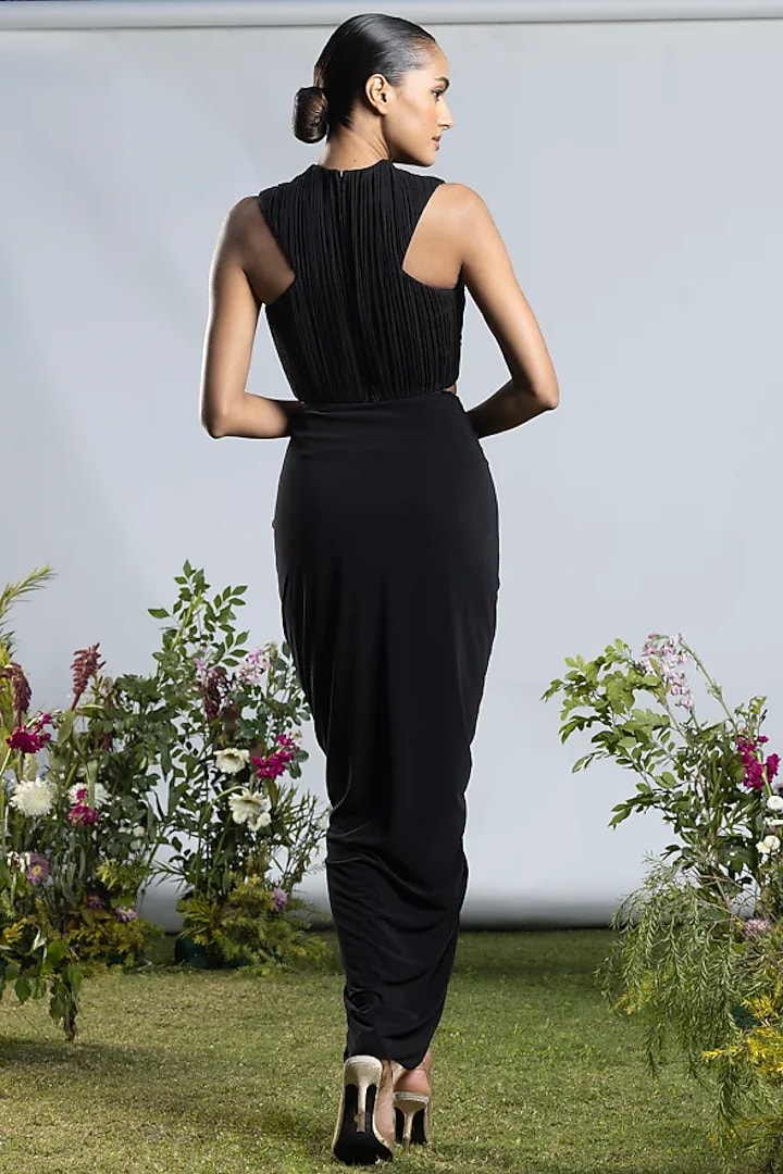 Black Georgette Draped Skirt Set by AMRTA By Guneet Kondal at Pernia's Pop Up Shop