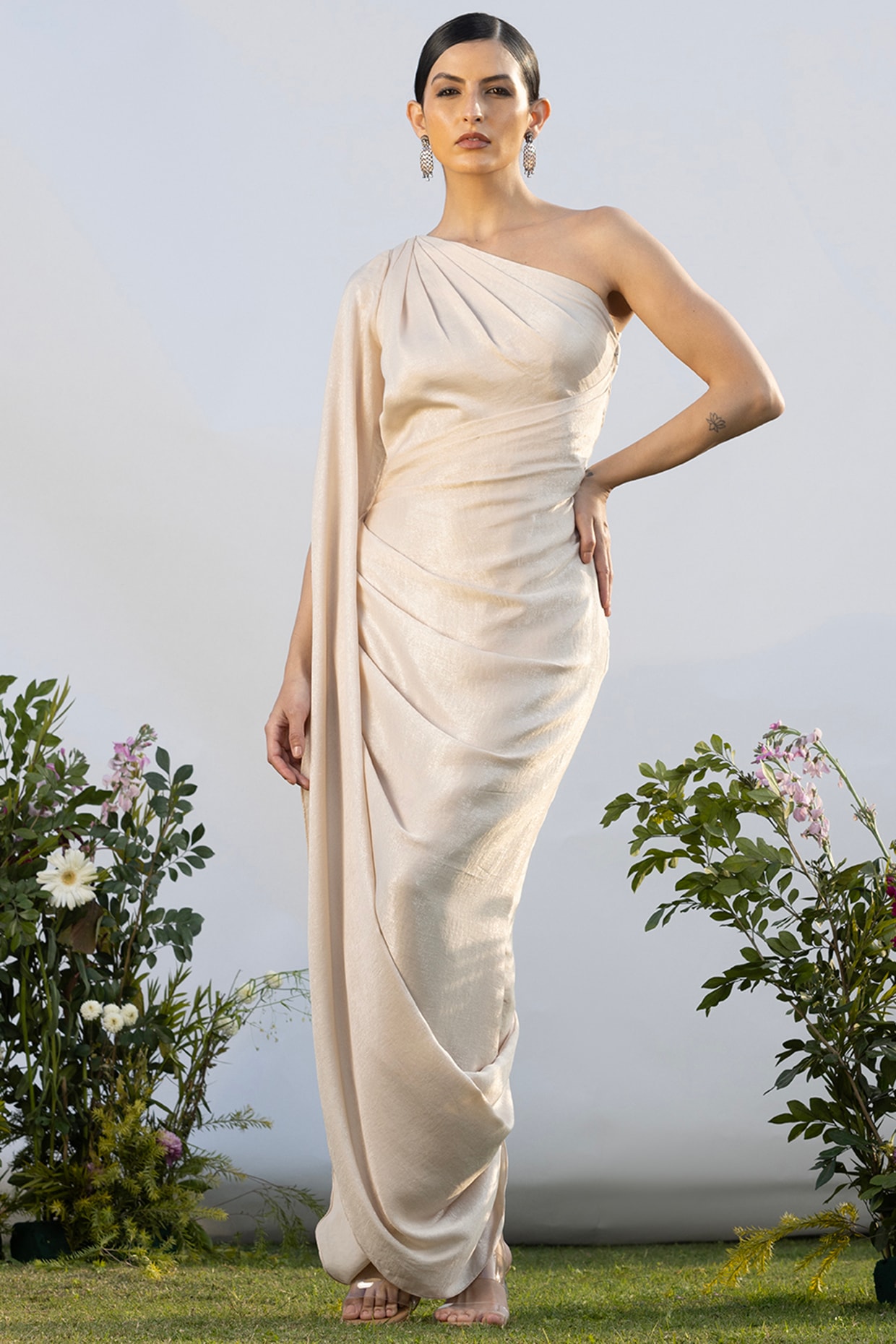 AMRTA By Guneet Kondal Champagne Satin Foil Printed Draped Dress