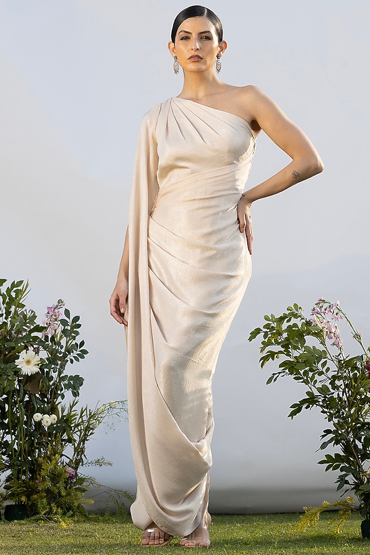 Champagne Satin Foil Printed Draped Vacation Dress by AMRTA By Guneet Kondal at Pernia's Pop Up Shop