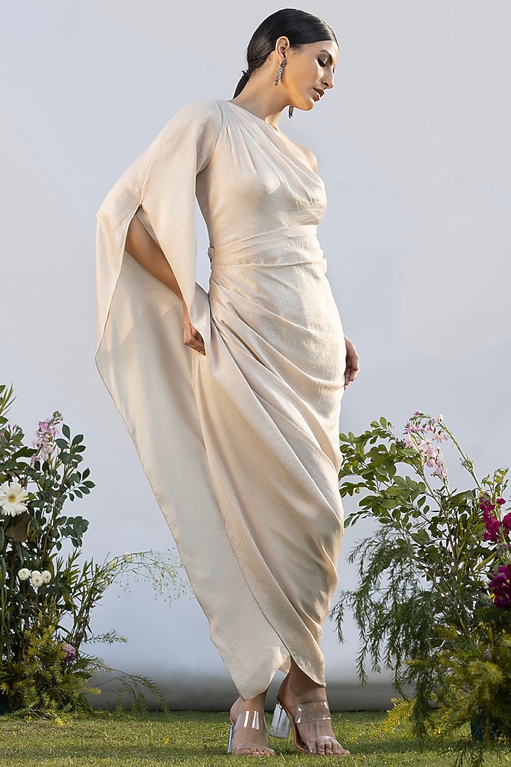 Champagne Satin Foil Printed Draped Vacation Dress by AMRTA By Guneet Kondal at Pernia's Pop Up Shop