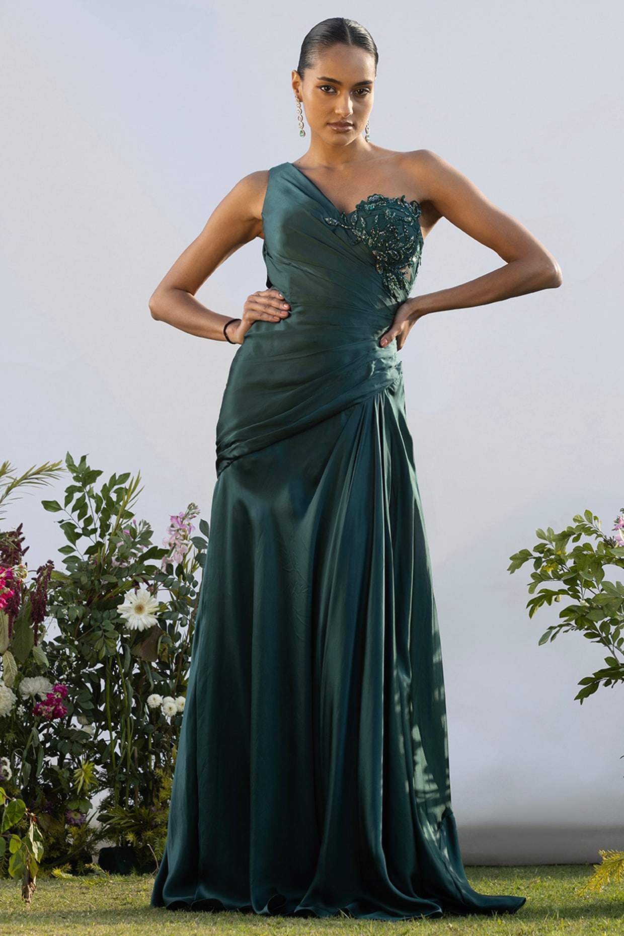 AMRTA By Guneet Kondal Teal Luxurious Satin Asymmetric Gown