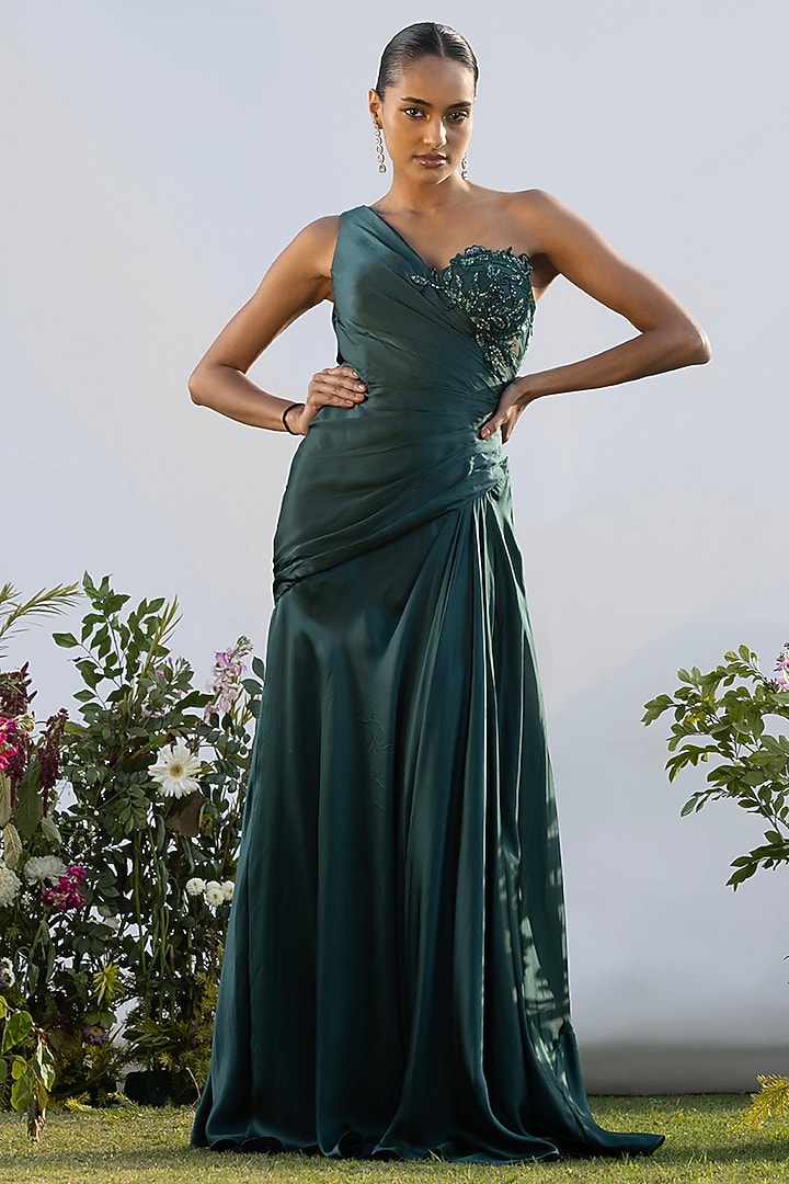 Teal Luxurious Satin Asymmetric Engagement Gown by AMRTA By Guneet Kondal at Pernia's Pop Up Shop