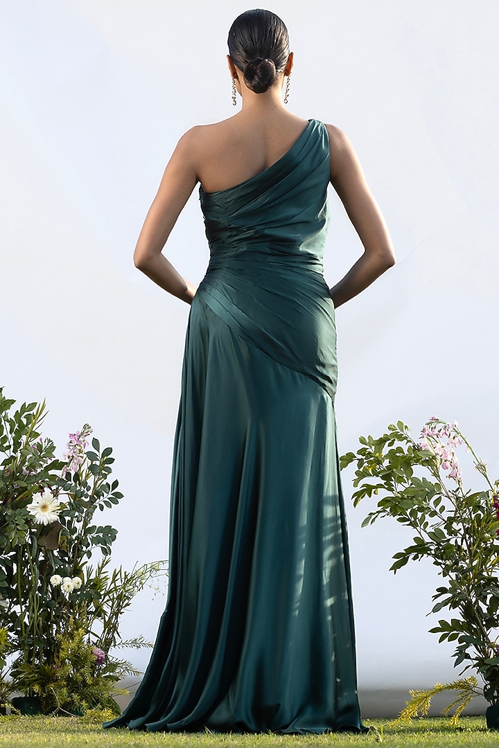 Teal Luxurious Satin Asymmetric Engagement Gown by AMRTA By Guneet Kondal at Pernia's Pop Up Shop