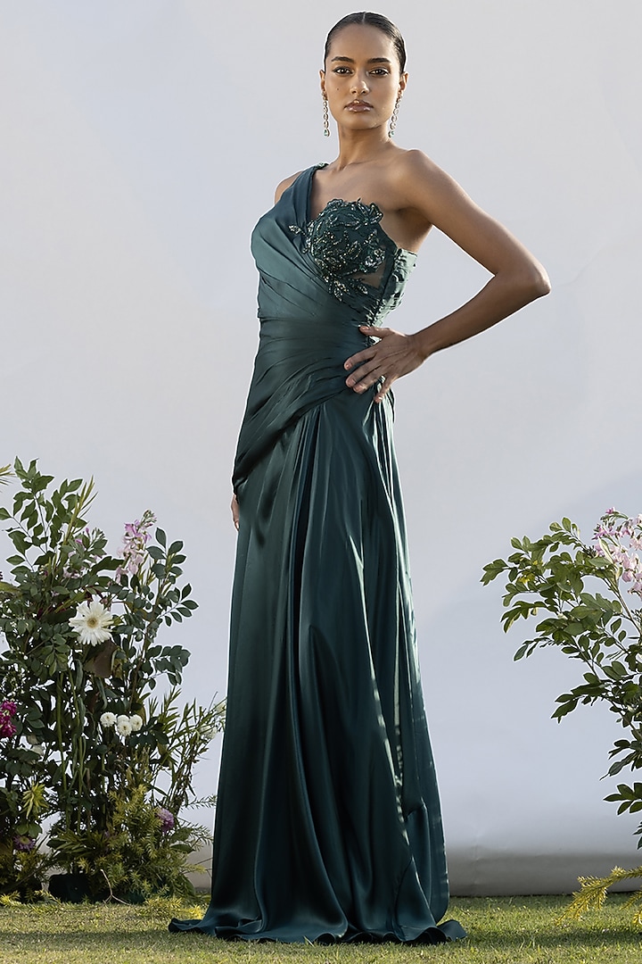 Teal Luxurious Satin Asymmetric Engagement Gown by AMRTA By Guneet Kondal at Pernia's Pop Up Shop