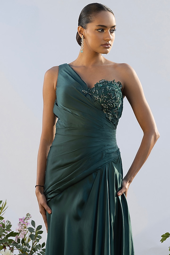 Teal Luxurious Satin Asymmetric Engagement Gown by AMRTA By Guneet Kondal at Pernia's Pop Up Shop
