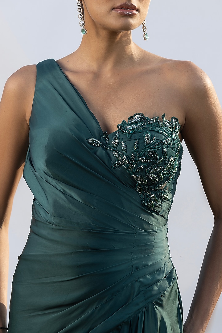 Teal Luxurious Satin Asymmetric Engagement Gown by AMRTA By Guneet Kondal at Pernia's Pop Up Shop
