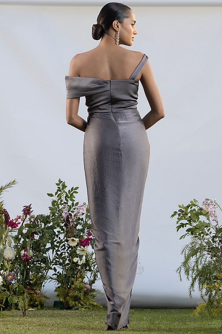 Midnight Grey Satin Ruched Wrap Vacation Dress by AMRTA By Guneet Kondal at Pernia's Pop Up Shop