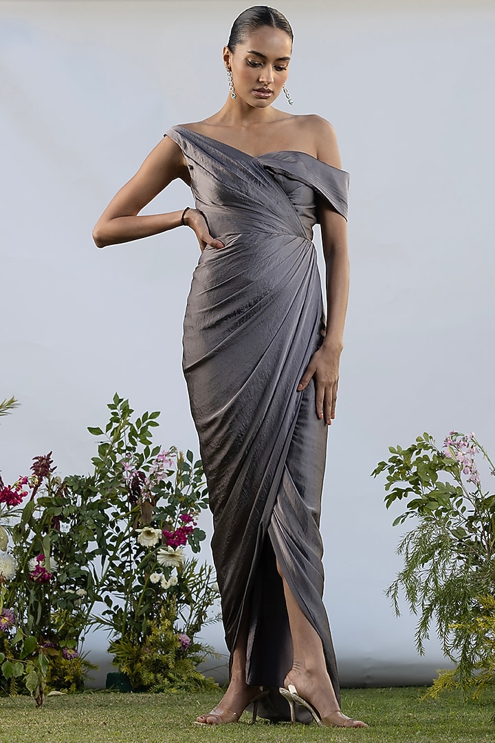 Midnight Grey Satin Ruched Wrap Vacation Dress by AMRTA By Guneet Kondal at Pernia's Pop Up Shop