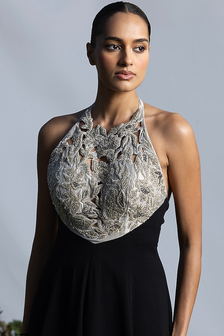 Black & Silver Banarasi Shimmer Floral Embroidered Engagement Gown by AMRTA By Guneet Kondal at Pernia's Pop Up Shop