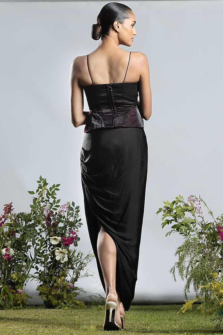 Berry Black Banarasi Shimmer Draped Skirt Set by AMRTA By Guneet Kondal at Pernia's Pop Up Shop