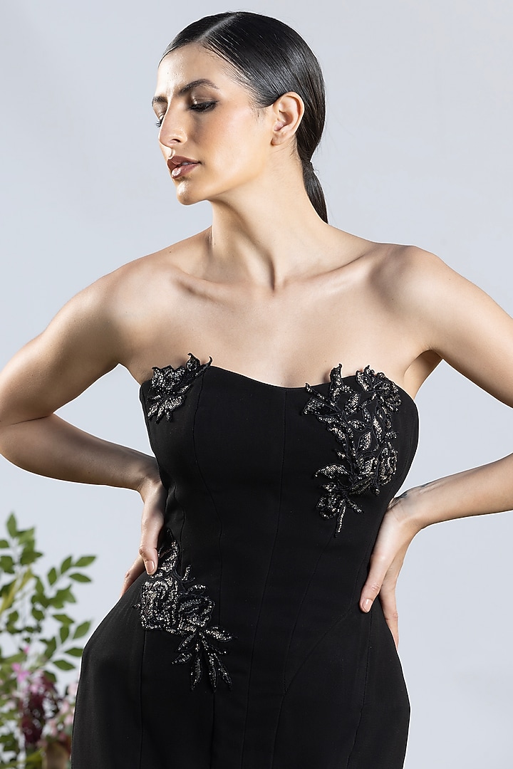 Deep Black Korean Crepe Applique Embroidered Corset Vacation Dress by AMRTA By Guneet Kondal at Pernia's Pop Up Shop