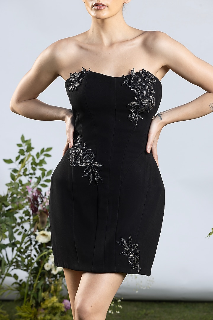 Deep Black Korean Crepe Applique Embroidered Corset Vacation Dress by AMRTA By Guneet Kondal at Pernia's Pop Up Shop