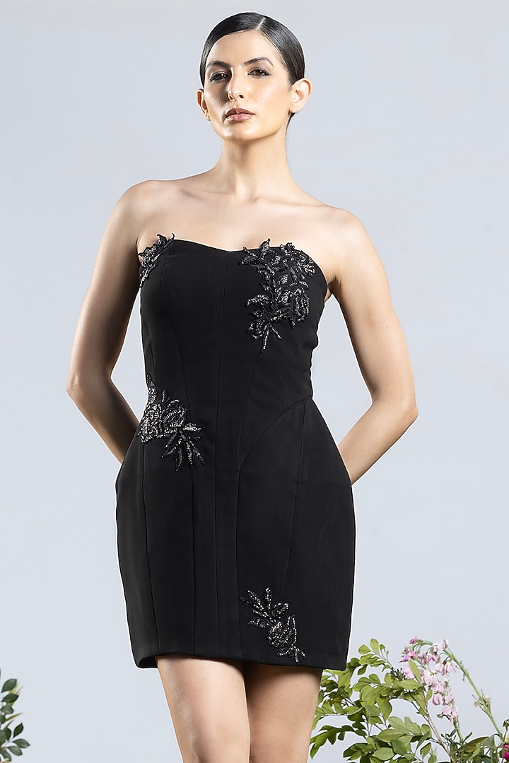 Deep Black Korean Crepe Applique Embroidered Corset Vacation Dress by AMRTA By Guneet Kondal at Pernia's Pop Up Shop