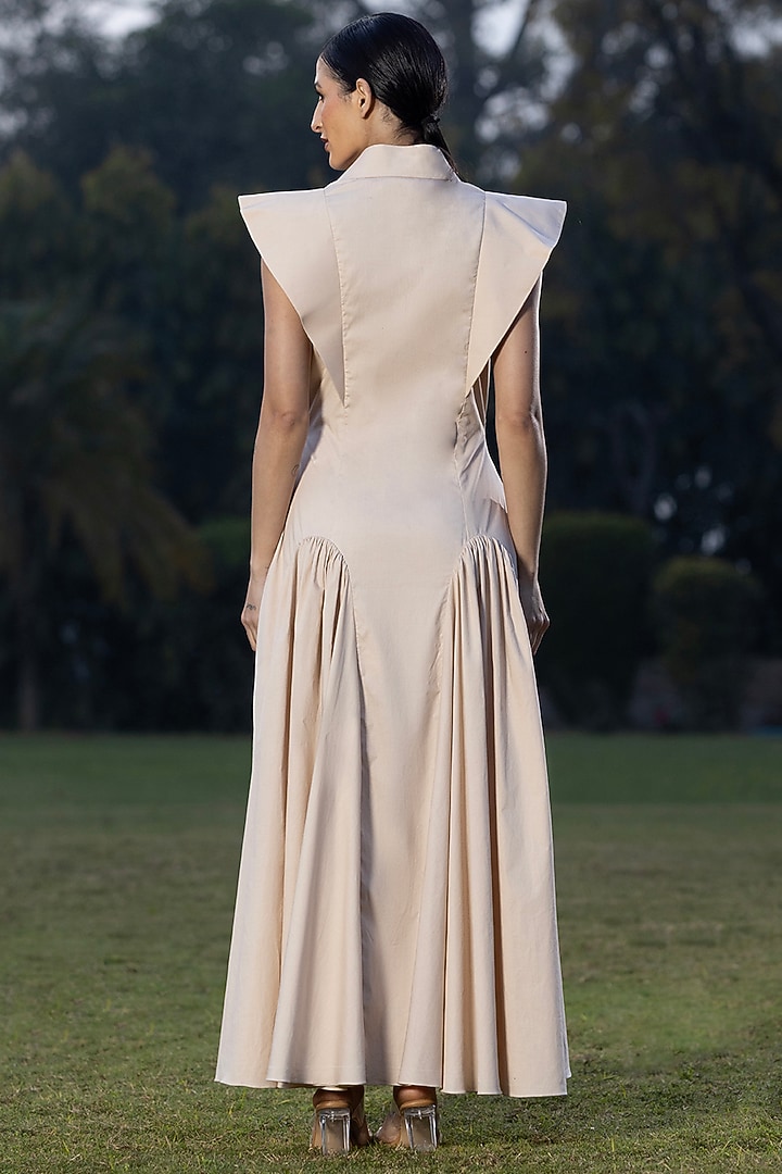 Soft Beige Cotton Poplin Leopard Printed Maxi Vacation Dress by AMRTA By Guneet Kondal at Pernia's Pop Up Shop