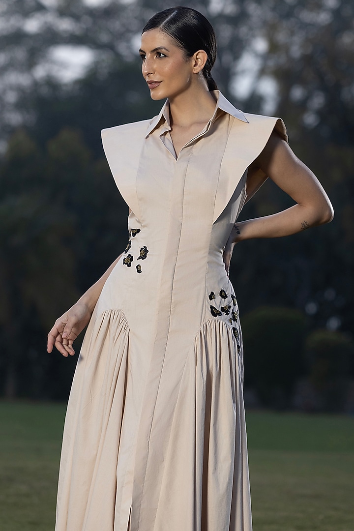 Soft Beige Cotton Poplin Leopard Printed Maxi Vacation Dress by AMRTA By Guneet Kondal at Pernia's Pop Up Shop