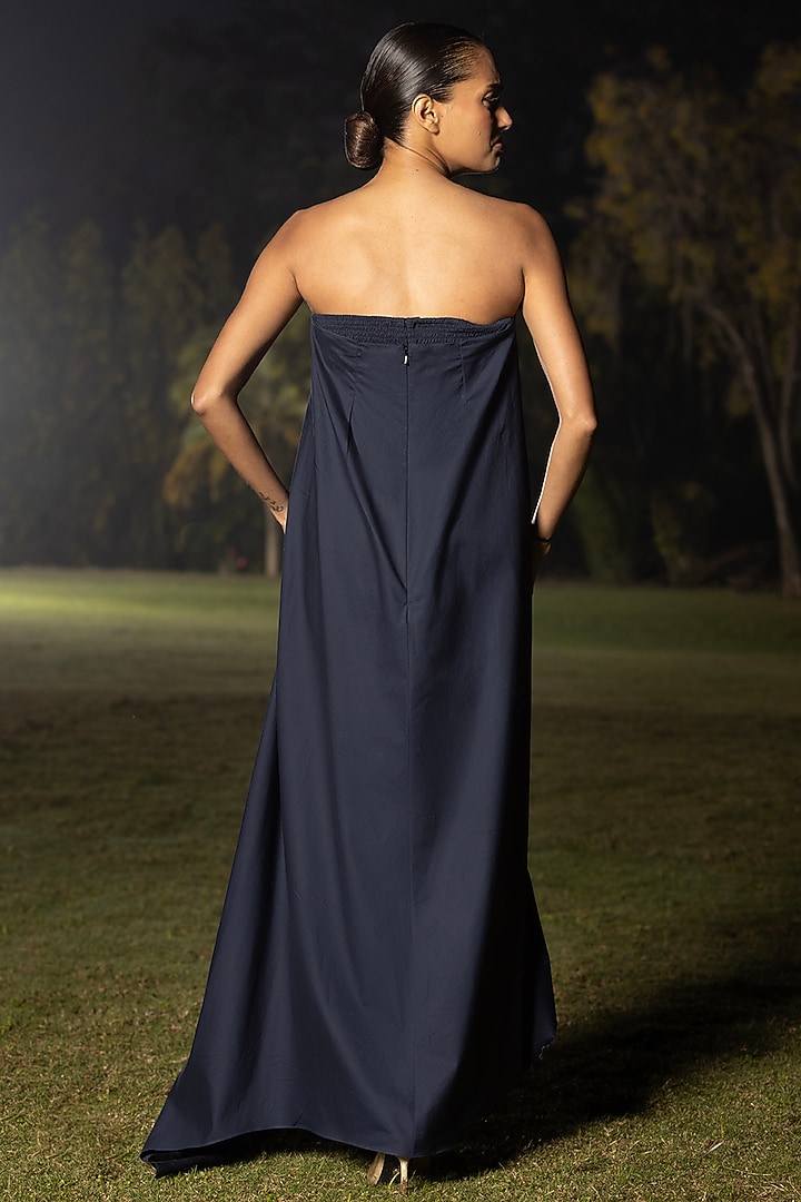 Midnight Blue Cotton Poplin Embellished Strapless Kaftan Summer Dress by AMRTA By Guneet Kondal at Pernia's Pop Up Shop