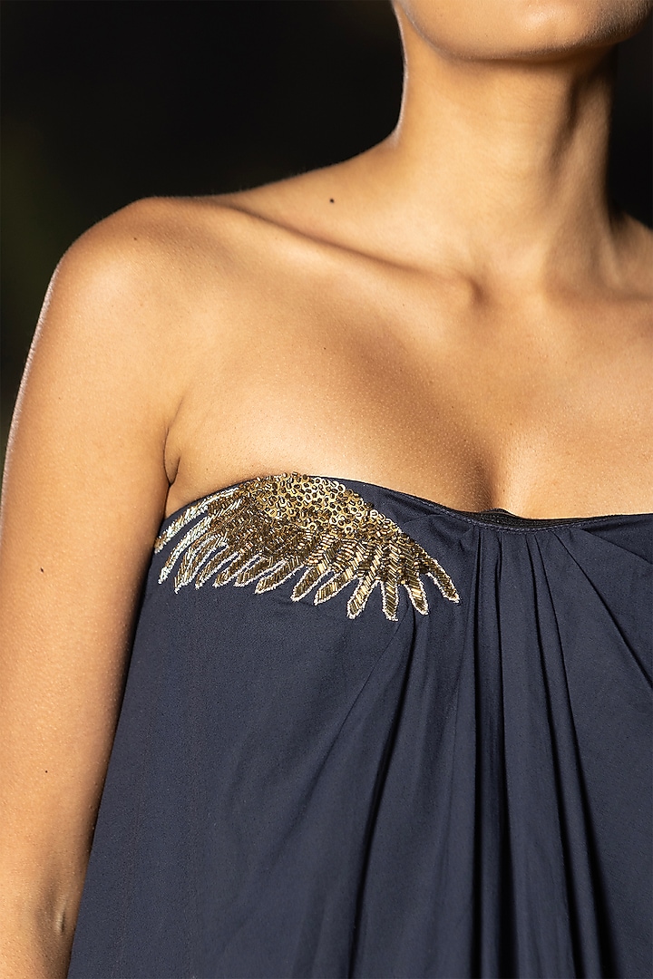 Midnight Blue Cotton Poplin Embellished Strapless Kaftan Summer Dress by AMRTA By Guneet Kondal at Pernia's Pop Up Shop
