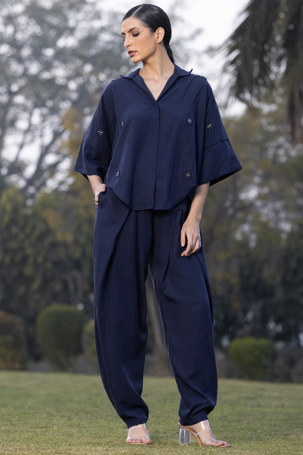 AMRTA By Guneet Kondal Midnight Blue Cotton Embroidered Co-Ord Set