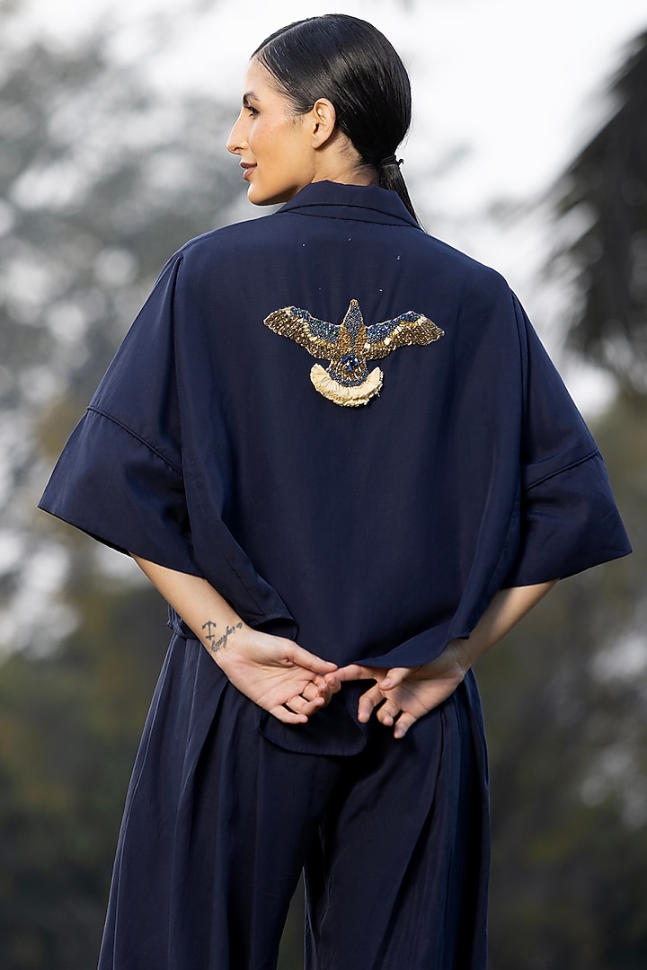 Midnight Blue Cotton Embroidered Co-Ord Set by AMRTA By Guneet Kondal at Pernia's Pop Up Shop