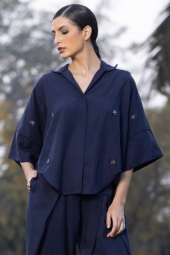 Midnight Blue Cotton Embroidered Co-Ord Set by AMRTA By Guneet Kondal at Pernia's Pop Up Shop