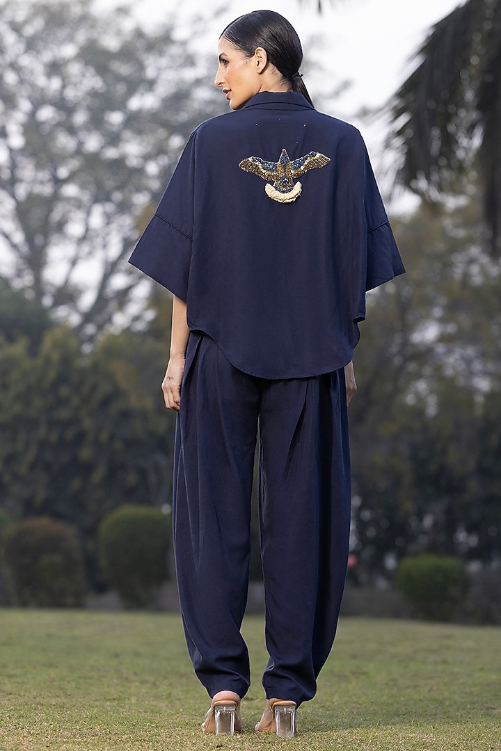 Midnight Blue Cotton Embroidered Co-Ord Set by AMRTA By Guneet Kondal at Pernia's Pop Up Shop