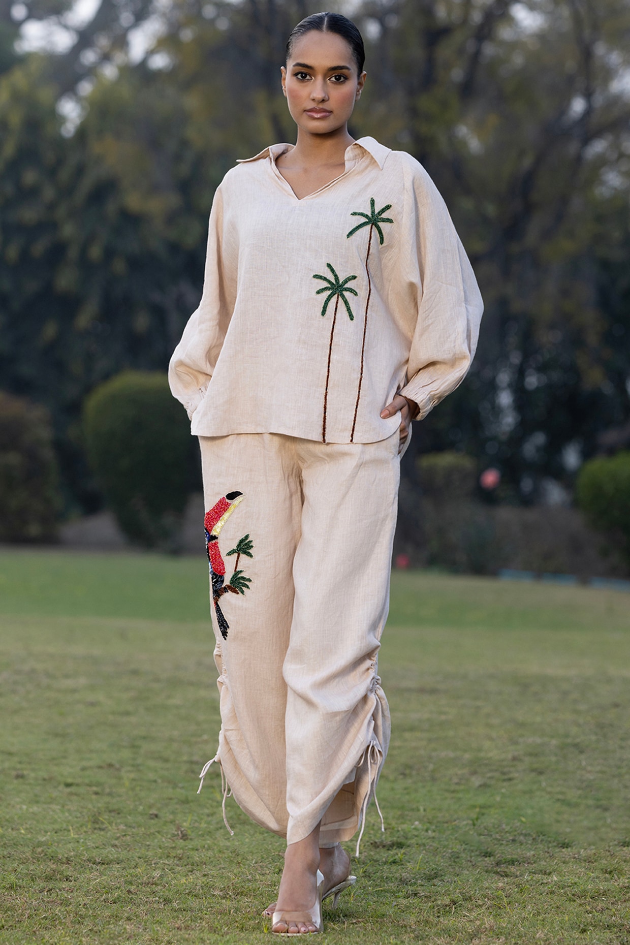 AMRTA By Guneet Kondal Sand Beige Pure Linen Hand Embroidered Co-Ord Set