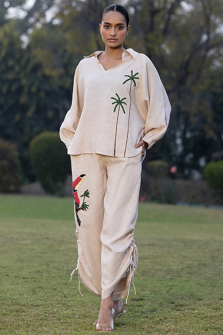 Sand Beige Pure Linen Hand Embroidered Co-Ord Set by AMRTA By Guneet Kondal at Pernia's Pop Up Shop