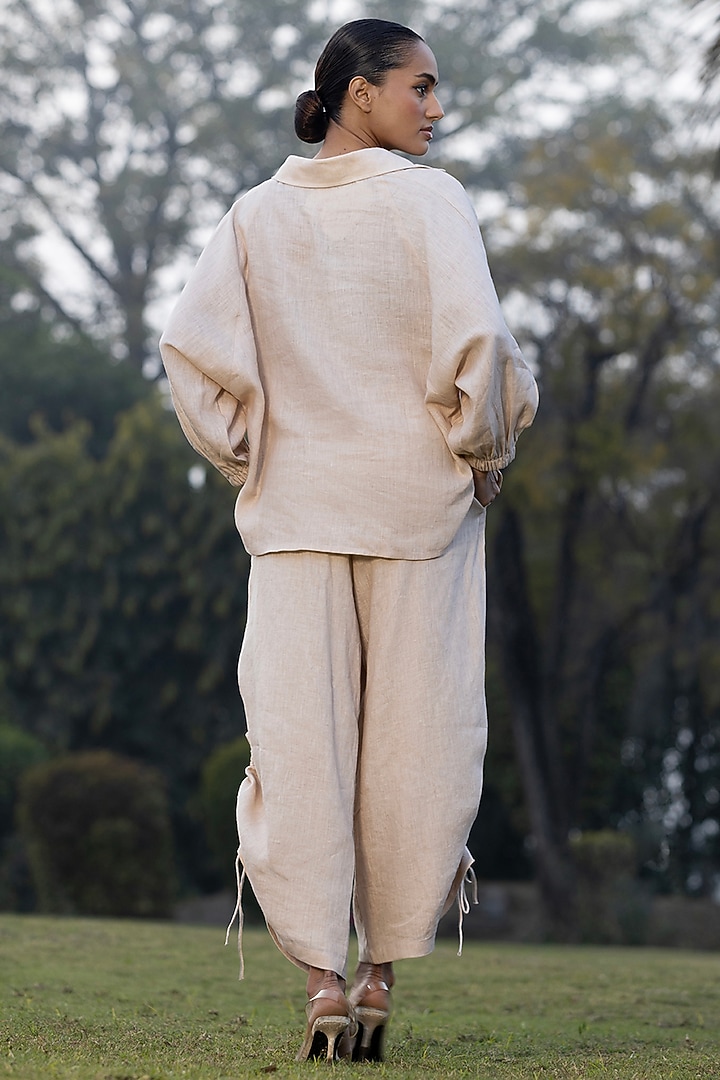 Sand Beige Pure Linen Hand Embroidered Co-Ord Set by AMRTA By Guneet Kondal at Pernia's Pop Up Shop