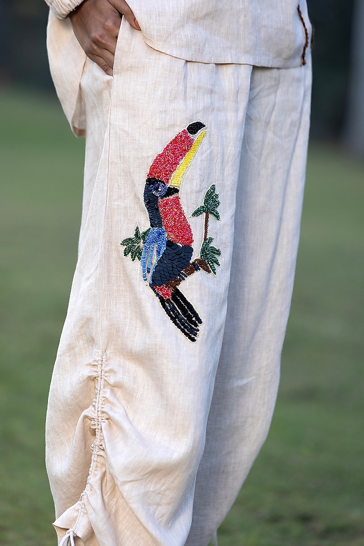 Sand Beige Pure Linen Hand Embroidered Co-Ord Set by AMRTA By Guneet Kondal at Pernia's Pop Up Shop