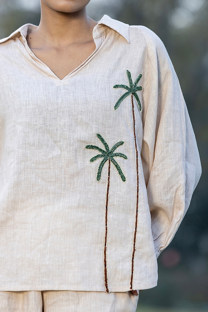 Sand Beige Pure Linen Hand Embroidered Co-Ord Set by AMRTA By Guneet Kondal at Pernia's Pop Up Shop