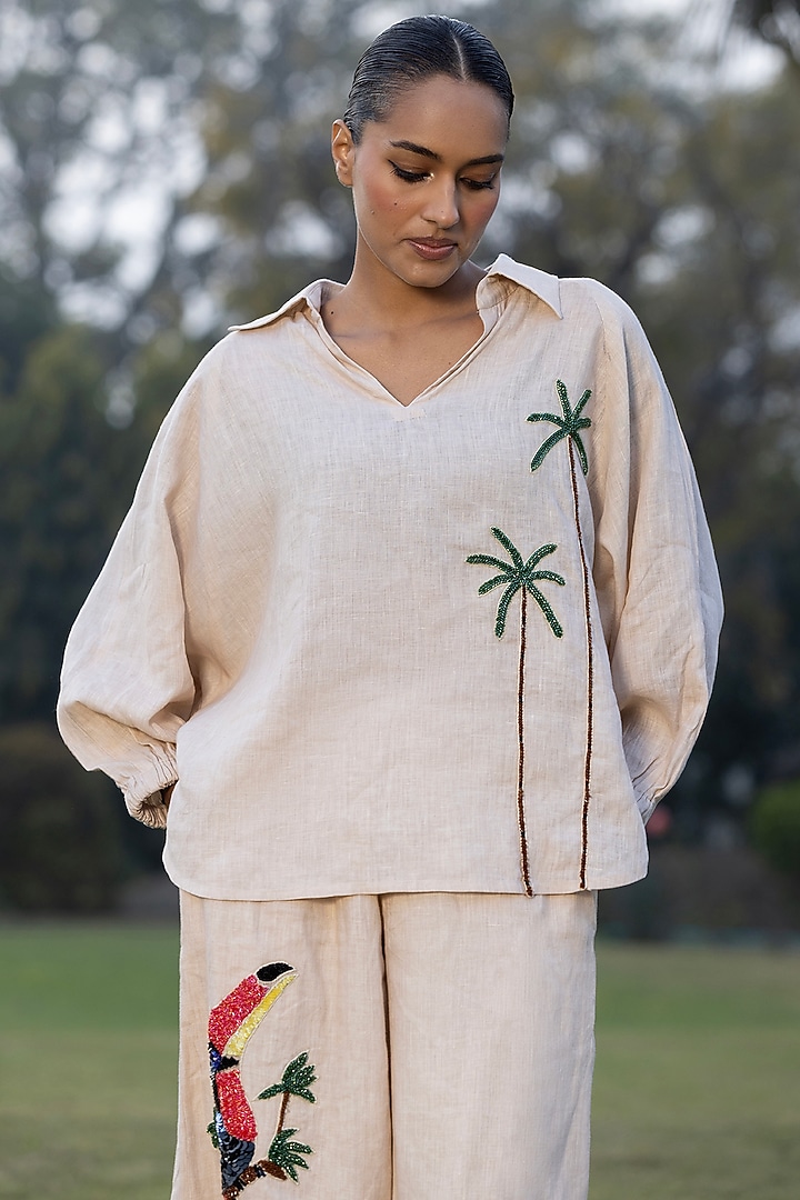 Sand Beige Pure Linen Hand Embroidered Co-Ord Set by AMRTA By Guneet Kondal at Pernia's Pop Up Shop