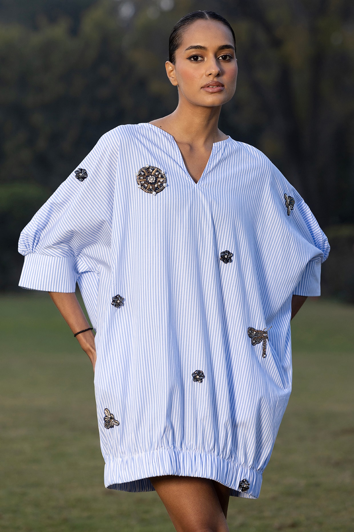 AMRTA By Guneet Kondal Blue Cotton Yarn Dyed Poplin Shift Dress
