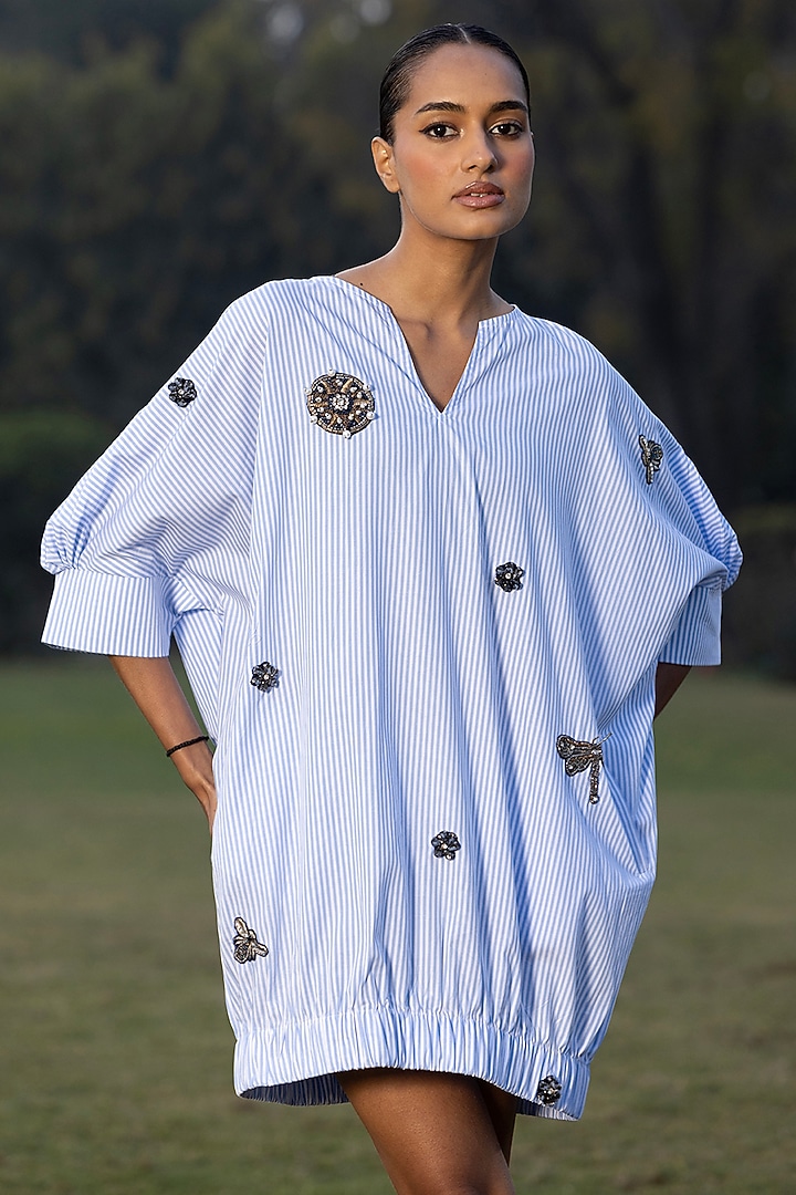 Blue Cotton Yarn Dyed Poplin Shift Summer Dress by AMRTA By Guneet Kondal at Pernia's Pop Up Shop