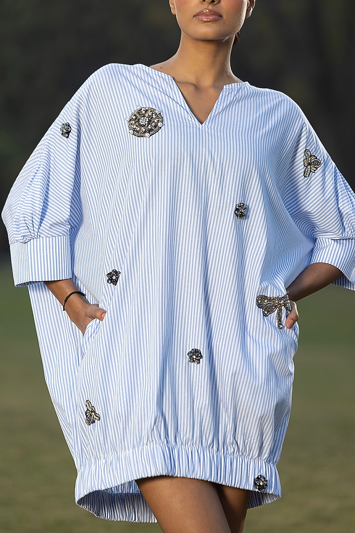 Blue Cotton Yarn Dyed Poplin Shift Summer Dress by AMRTA By Guneet Kondal at Pernia's Pop Up Shop
