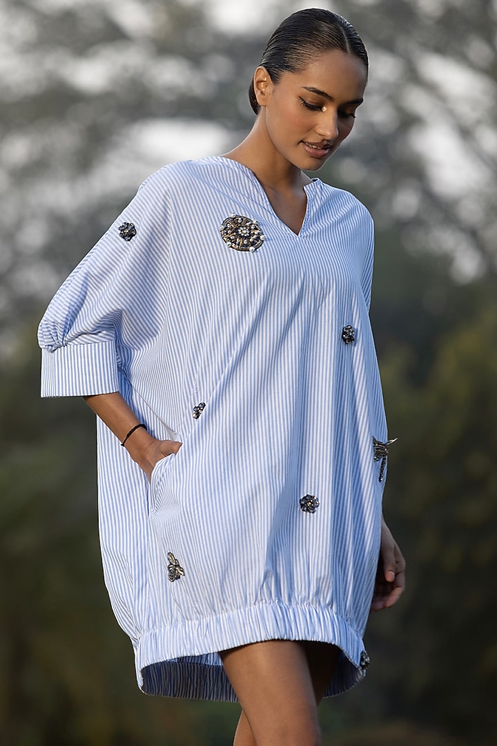 Blue Cotton Yarn Dyed Poplin Shift Summer Dress by AMRTA By Guneet Kondal at Pernia's Pop Up Shop
