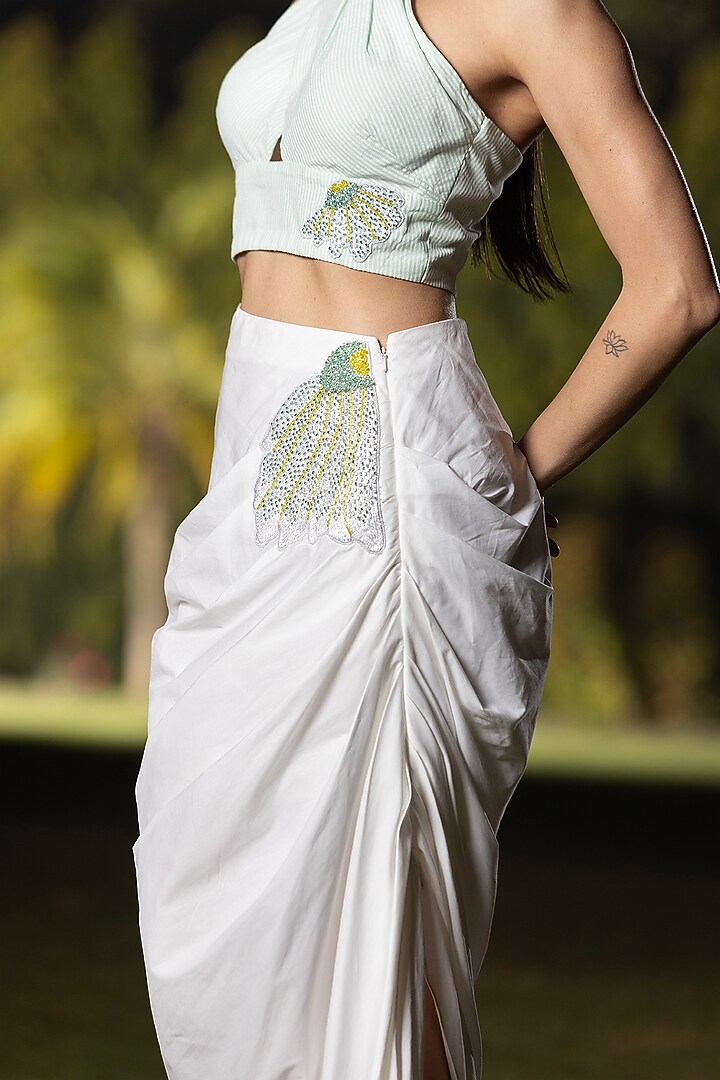 Ivory Cotton Poplin Draped Skirt Set by AMRTA By Guneet Kondal at Pernia's Pop Up Shop