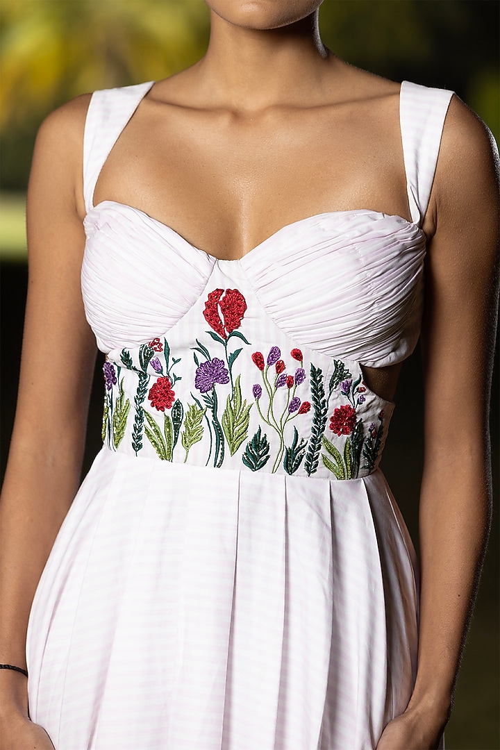 Pristine Ivory & Pink Cotton Poplin Striped Midi Vacation Dress by AMRTA By Guneet Kondal at Pernia's Pop Up Shop