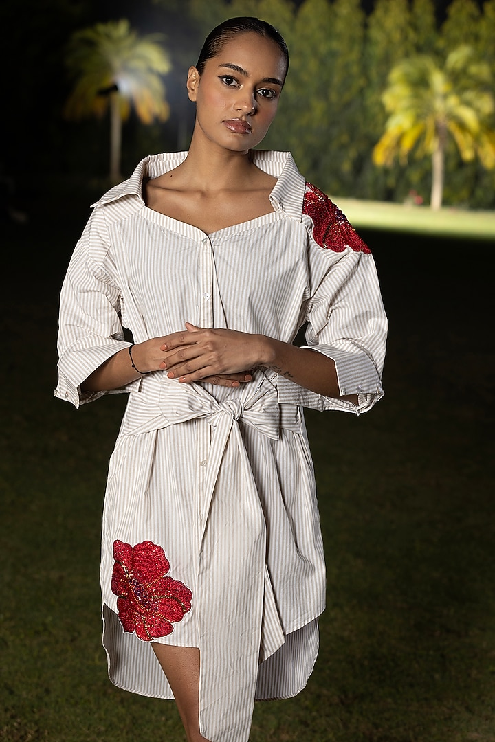 Ivory Cotton Poplin Striped Midi Summer Dress by AMRTA By Guneet Kondal at Pernia's Pop Up Shop