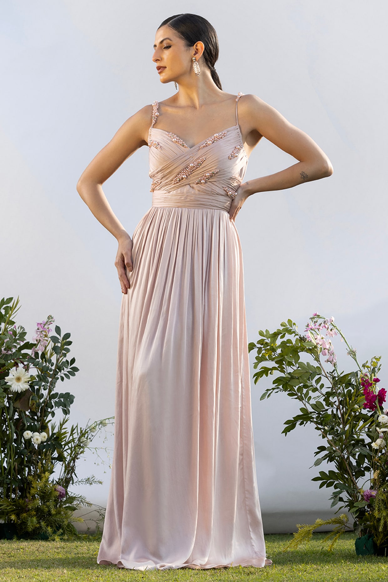 AMRTA By Guneet Kondal Soft Blush Pink Luxurious Satin Hand Embellished Gown