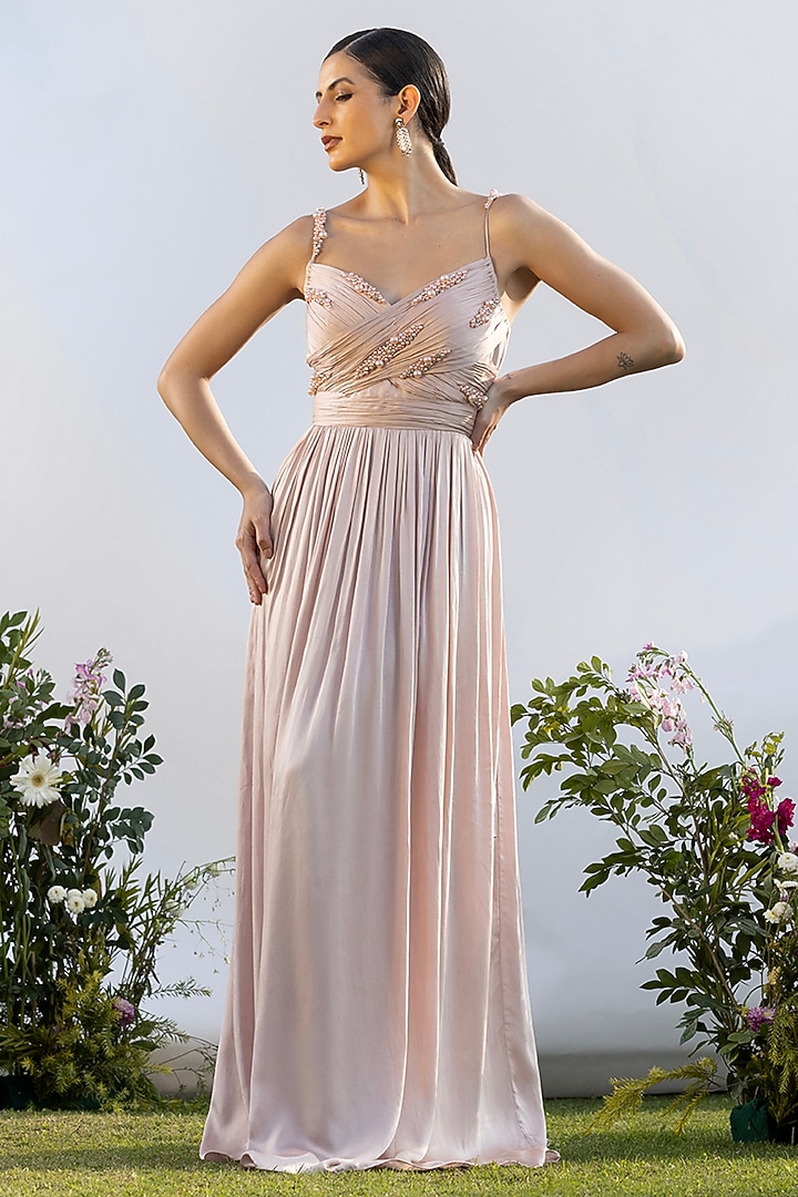 Soft Blush Pink Luxurious Satin Hand Embellished Party Wear Gown by AMRTA By Guneet Kondal at Pernia's Pop Up Shop