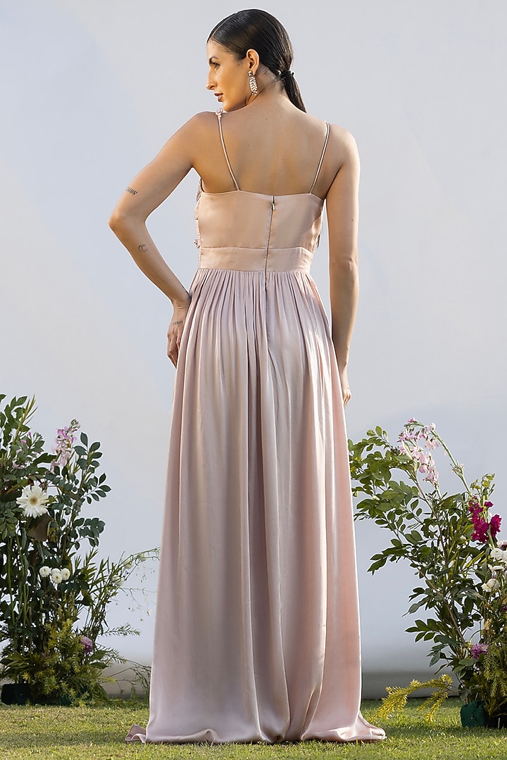 Soft Blush Pink Luxurious Satin Hand Embellished Party Wear Gown by AMRTA By Guneet Kondal at Pernia's Pop Up Shop