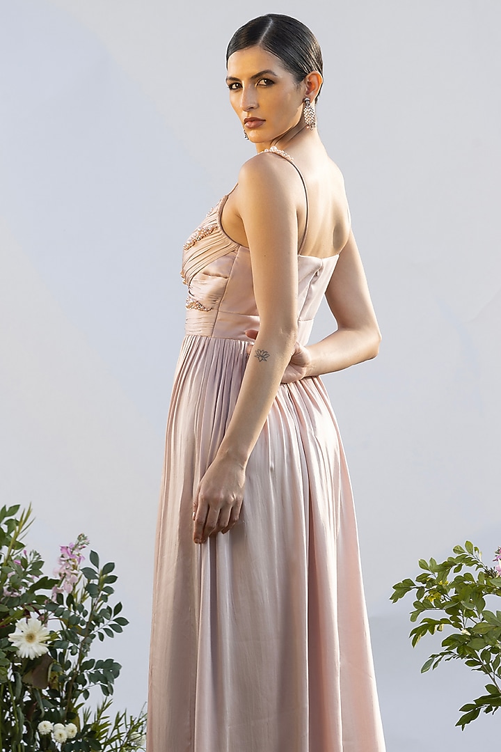 Soft Blush Pink Luxurious Satin Hand Embellished Party Wear Gown by AMRTA By Guneet Kondal at Pernia's Pop Up Shop