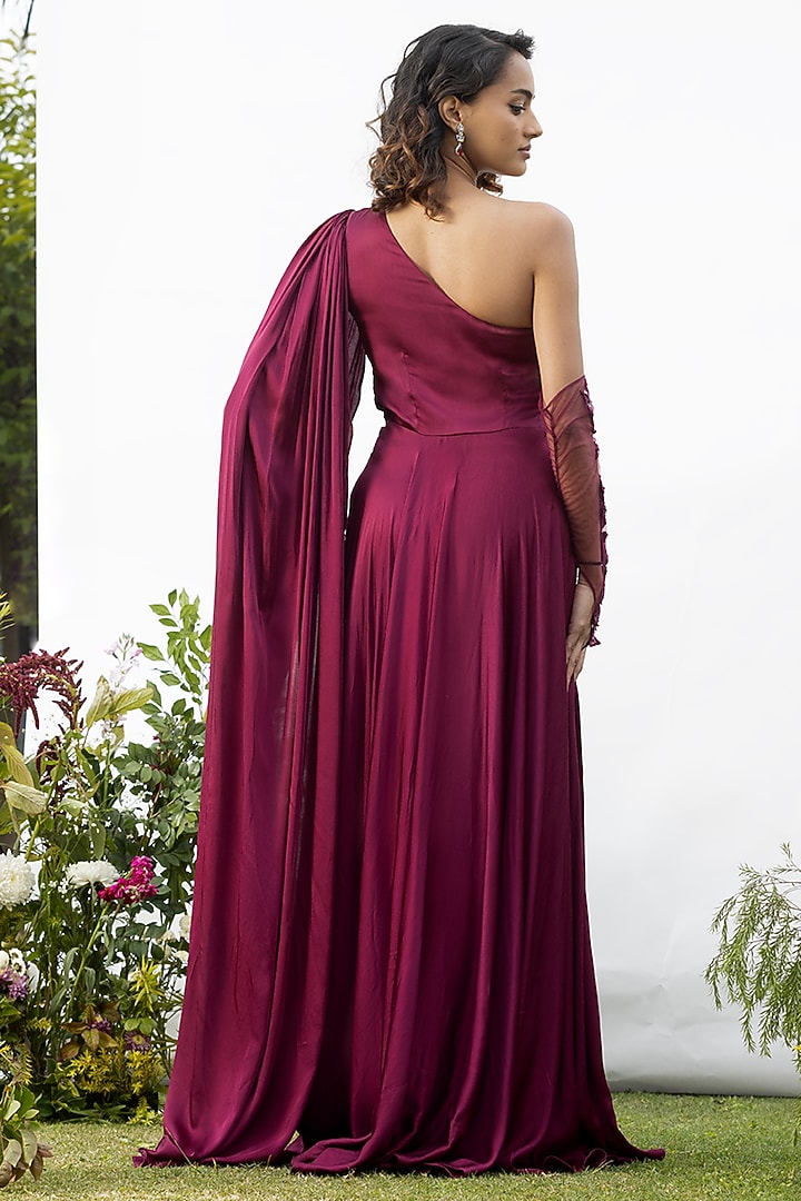 Deep Wine Satin One-Shoulder Engagement Gown by AMRTA By Guneet Kondal at Pernia's Pop Up Shop