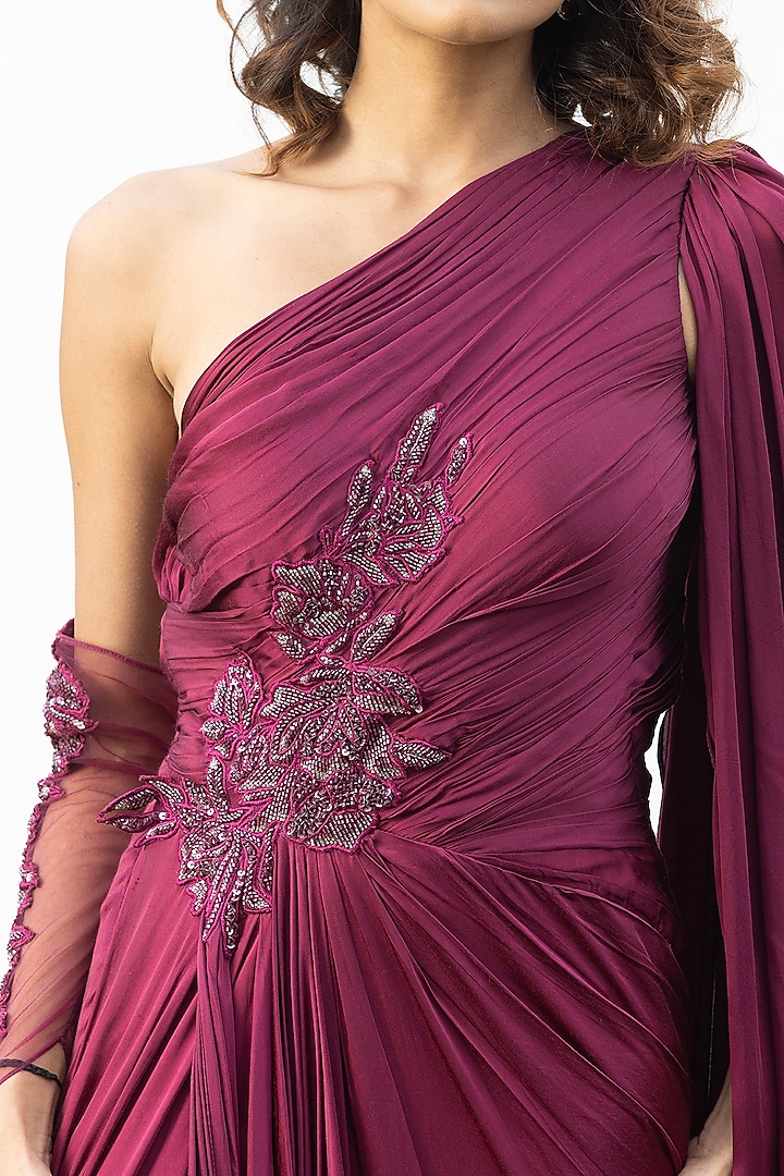 Deep Wine Satin One-Shoulder Engagement Gown by AMRTA By Guneet Kondal at Pernia's Pop Up Shop