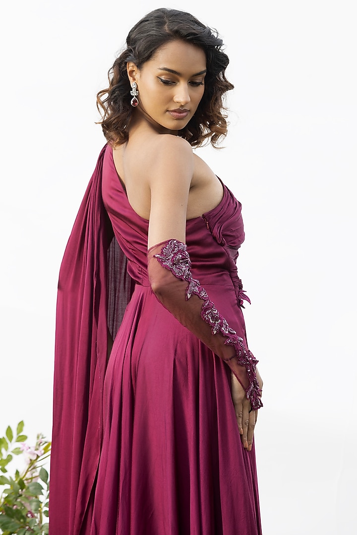 Deep Wine Satin One-Shoulder Engagement Gown by AMRTA By Guneet Kondal at Pernia's Pop Up Shop