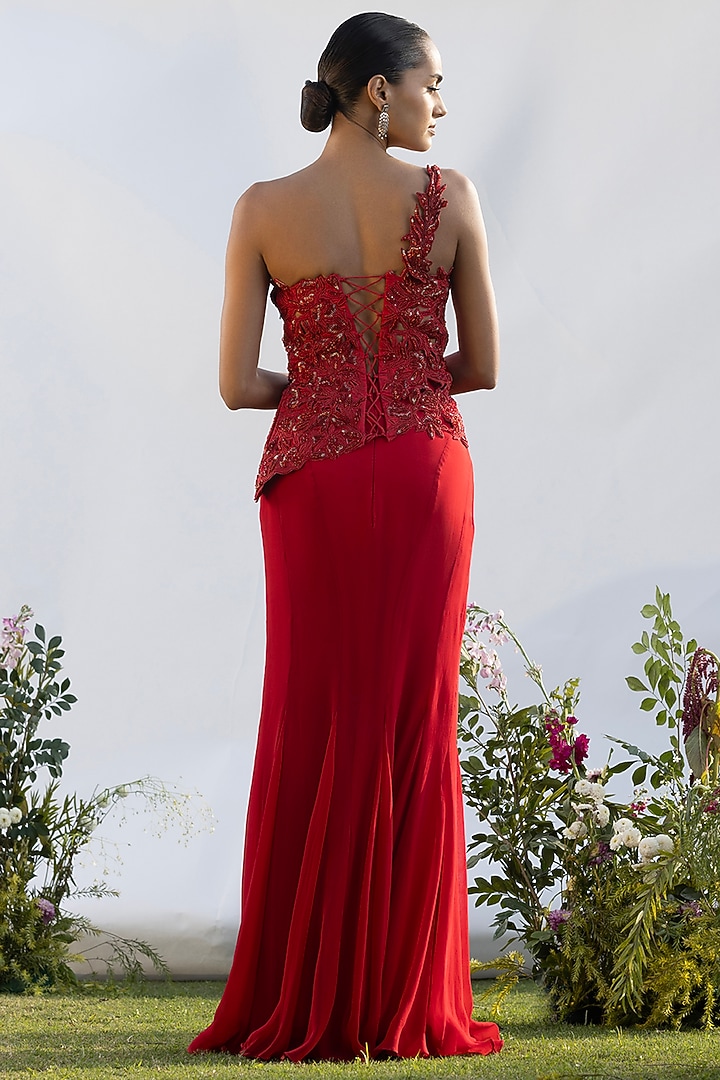 Scarlet Red Georgette Skirt Set by AMRTA By Guneet Kondal at Pernia's Pop Up Shop