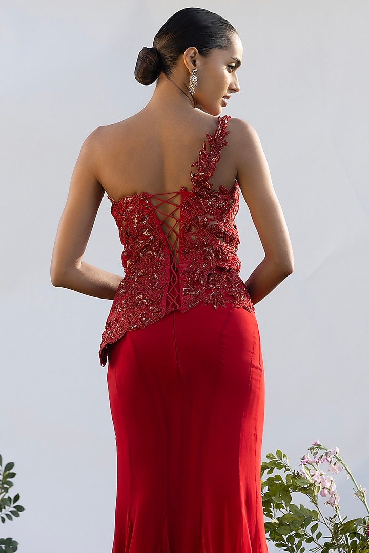 Scarlet Red Georgette Skirt Set by AMRTA By Guneet Kondal at Pernia's Pop Up Shop