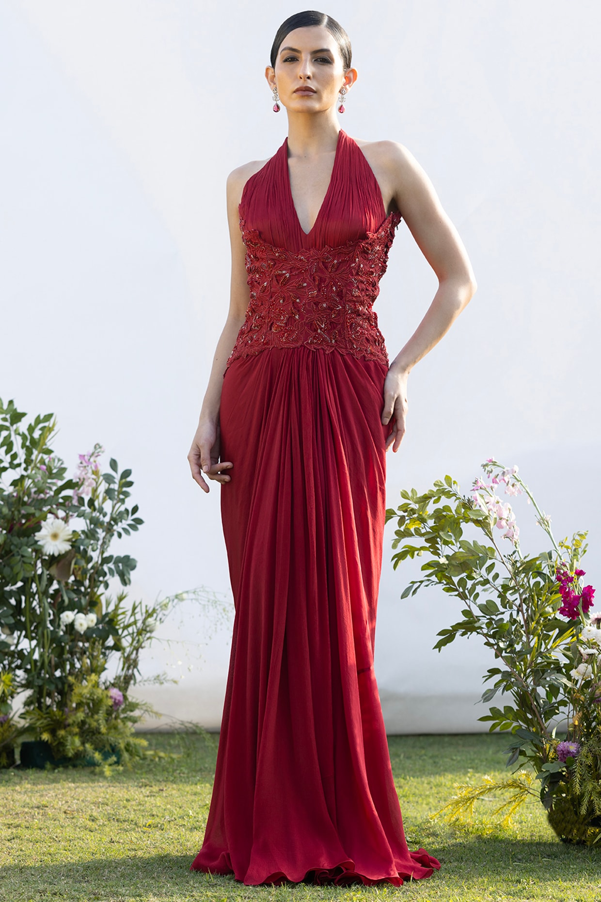 AMRTA By Guneet Kondal Scarlet Red Chinon Halter Gown
