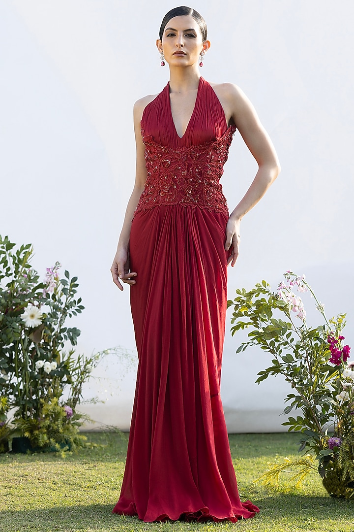 Scarlet Red Chinon Halter Engagement Gown by AMRTA By Guneet Kondal at Pernia's Pop Up Shop