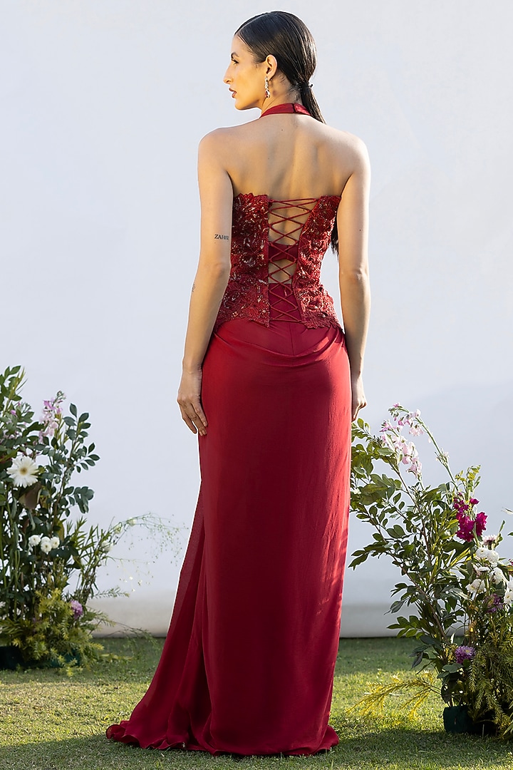 Scarlet Red Chinon Halter Engagement Gown by AMRTA By Guneet Kondal at Pernia's Pop Up Shop